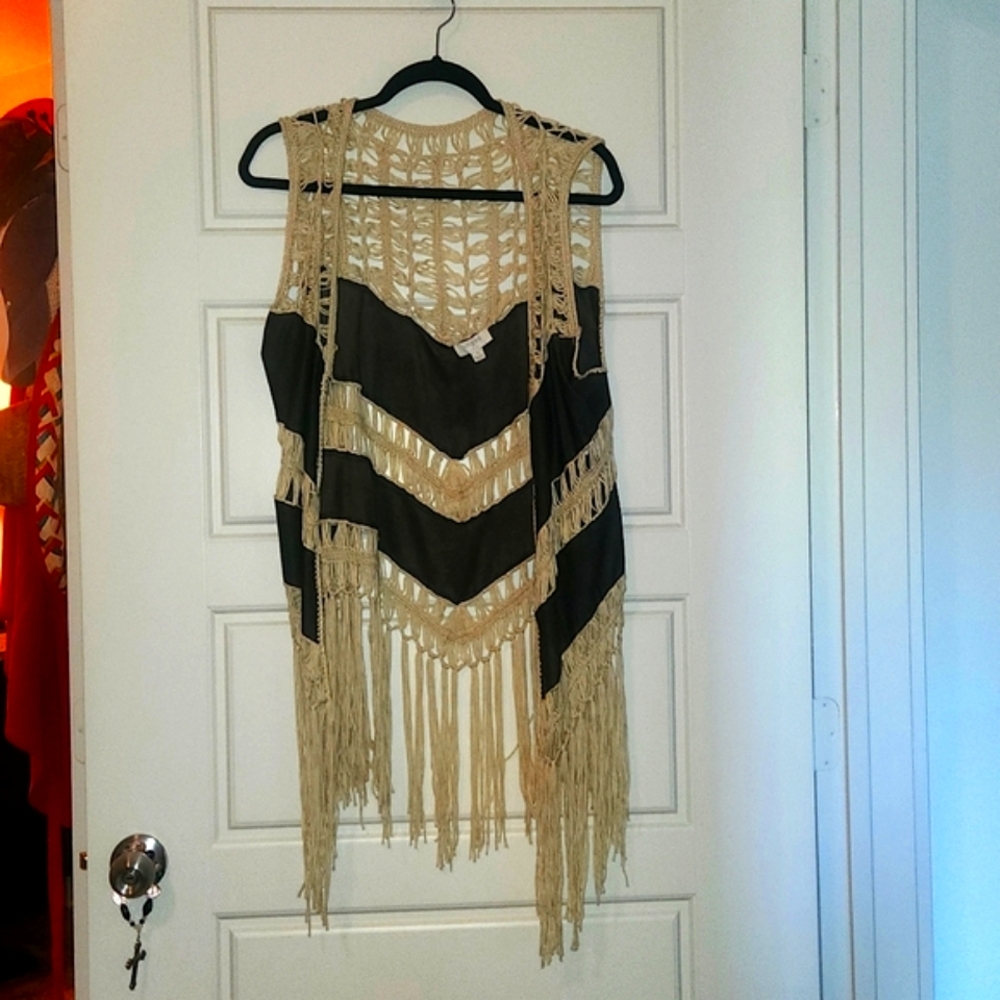 NWOT Umgee Boho Brown Linen Crochet Open Front Duster Vest w/ Tassel